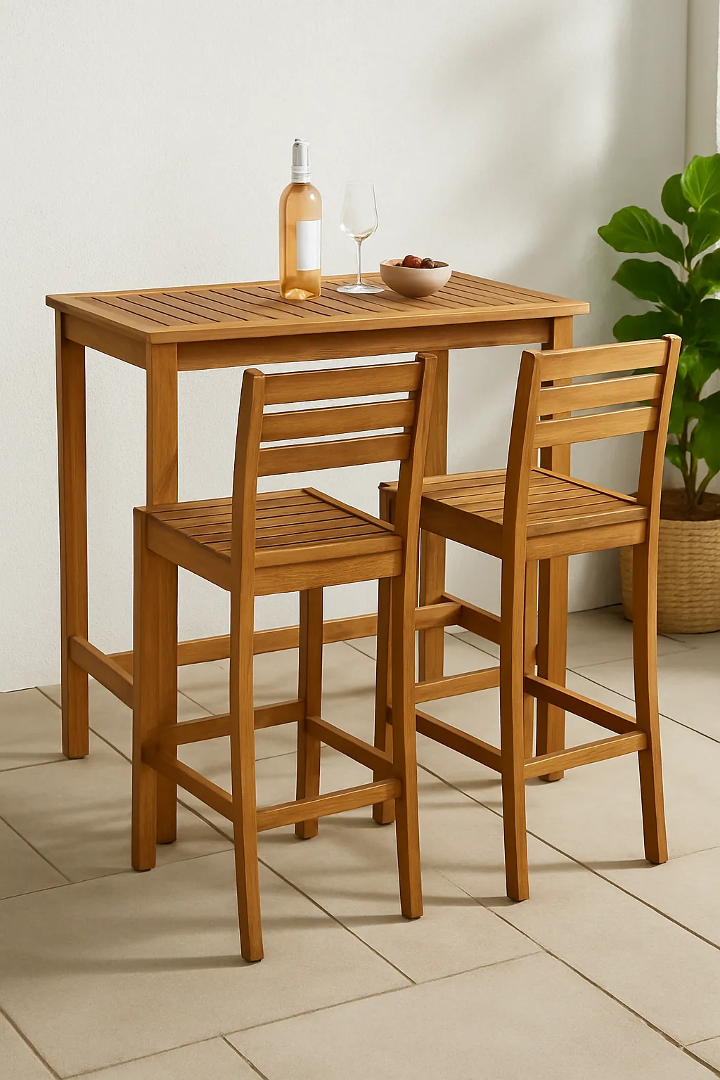Acacia wood bar table and chairs with removable cushions on patio