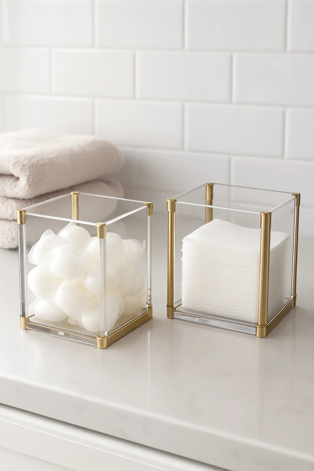 Acrylic bathroom organizer canister with gold lid on a bathroom counter