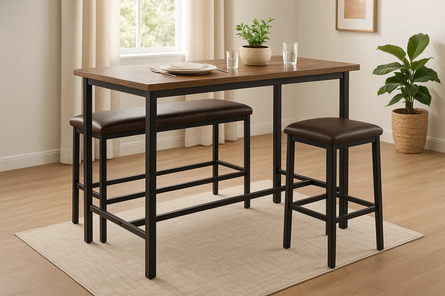 Bar height dining set with bench and stools for kitchen or dining room