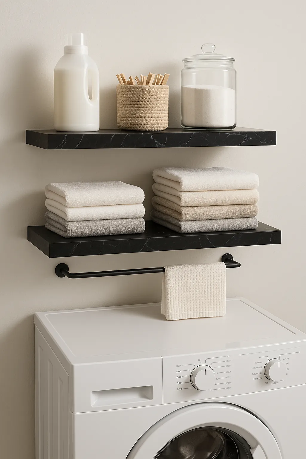 Set of black marble floating shelves mounted on a wall with decor items.