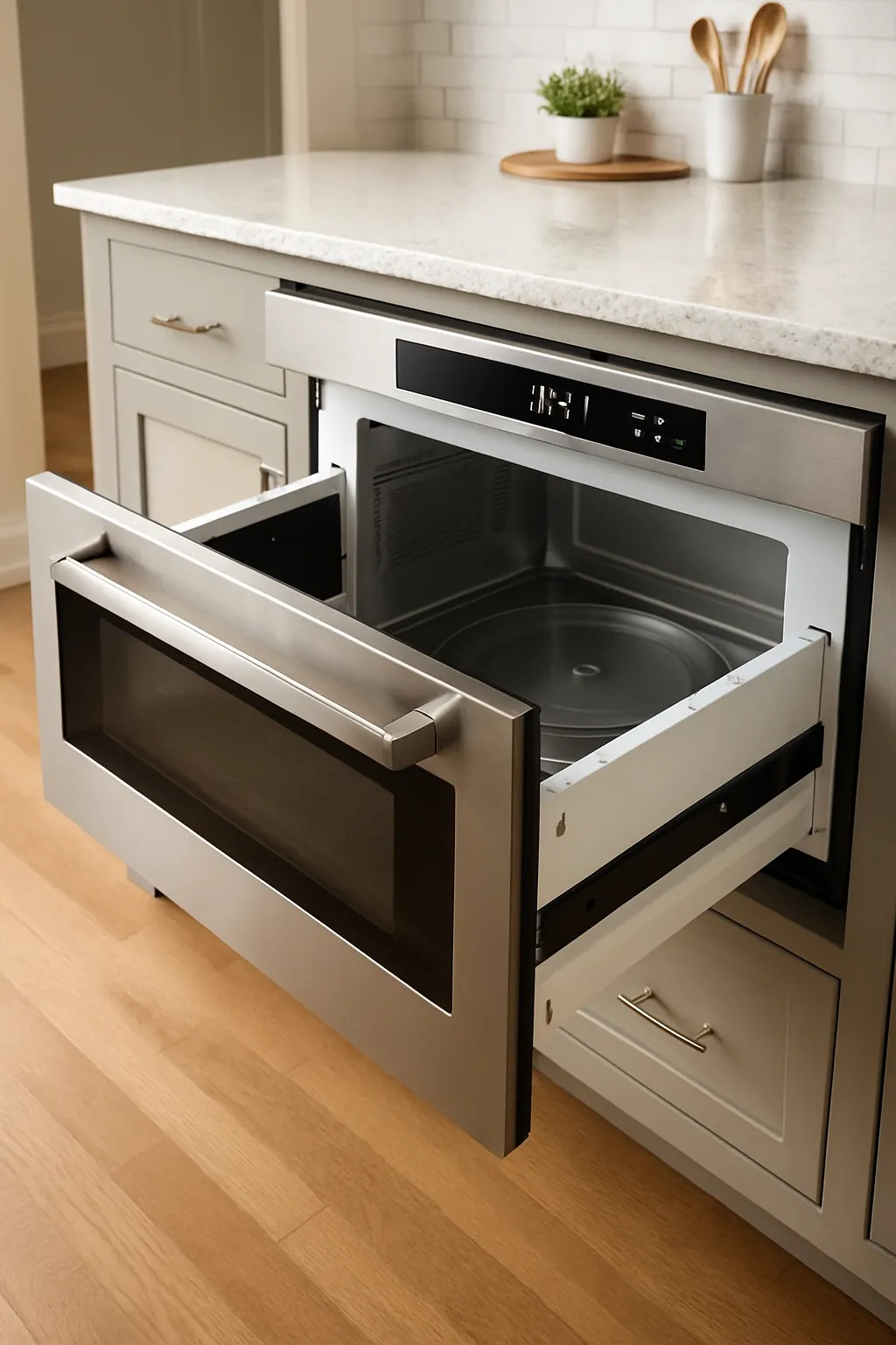 Built-in stainless steel microwave drawer installed in a modern kitchen island.