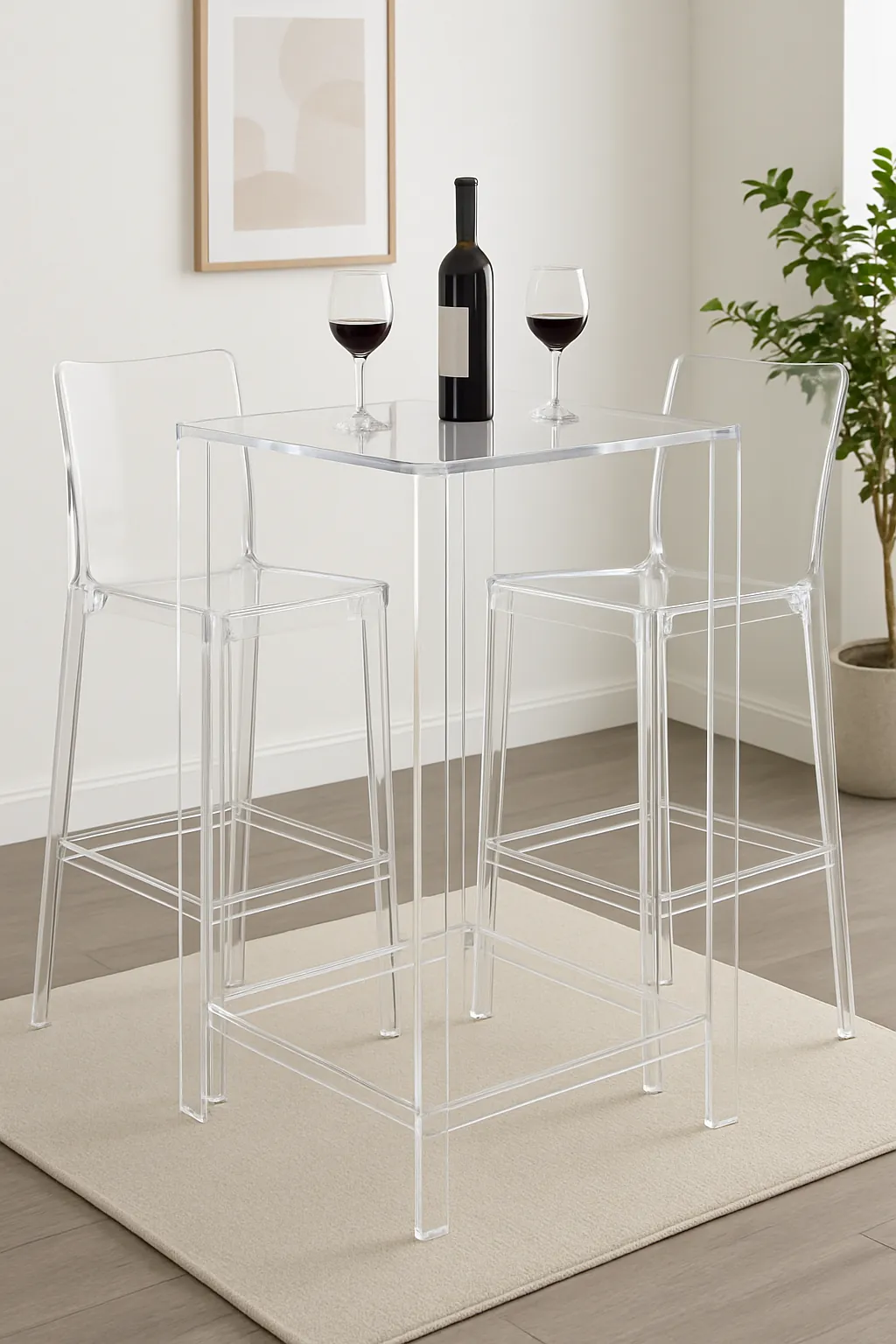 Contemporary acrylic counter-height bar table set displayed in a modern foyer
