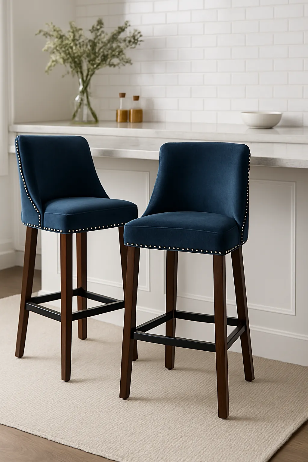 Adjustable velvet bar stools with gold legs at kitchen counter