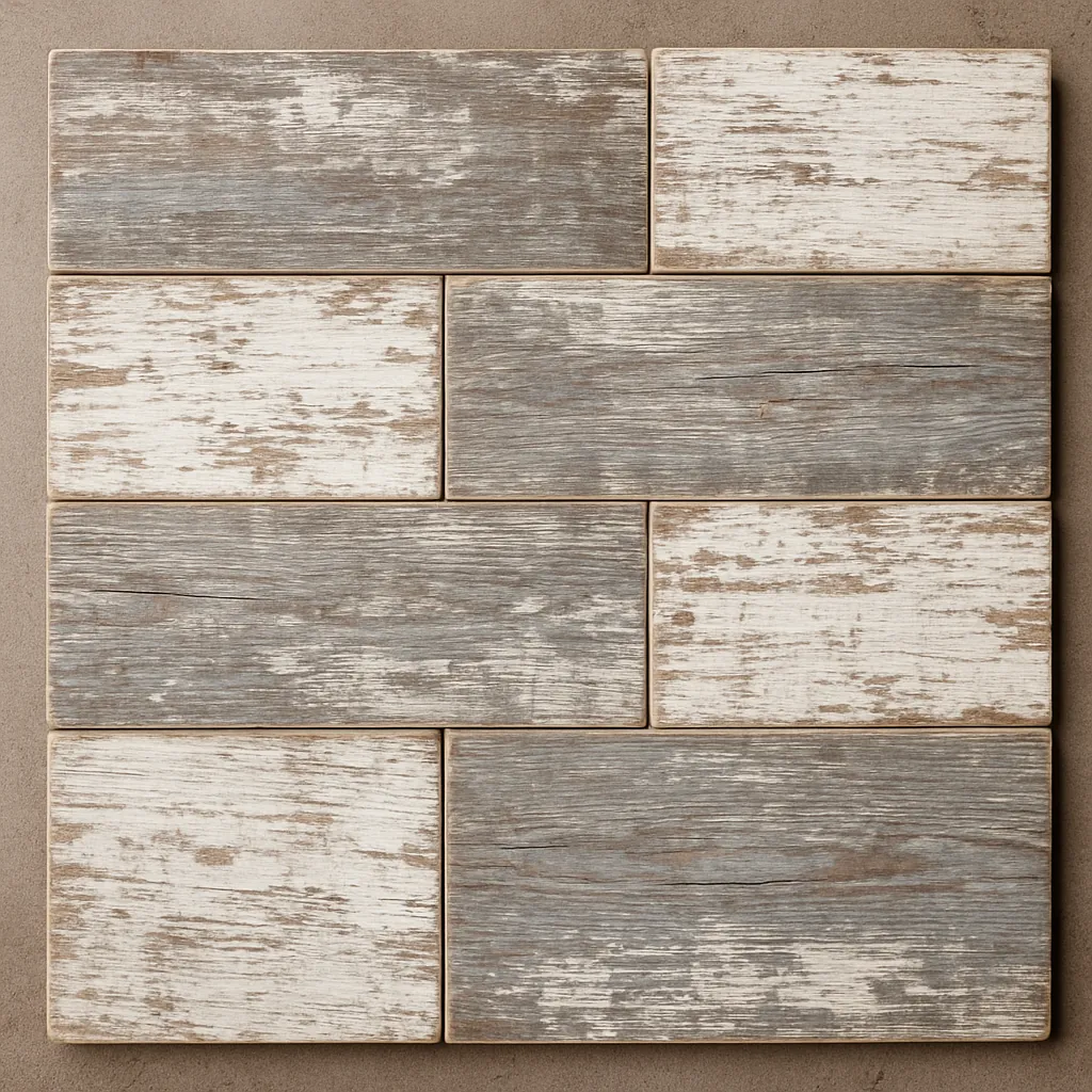 Distressed farmhouse wood look peel-and-stick backsplash tiles on kitchen wall