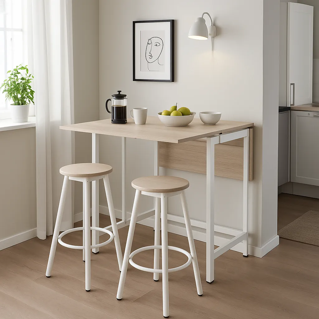 Expandable industrial bar table set up in a modern kitchen