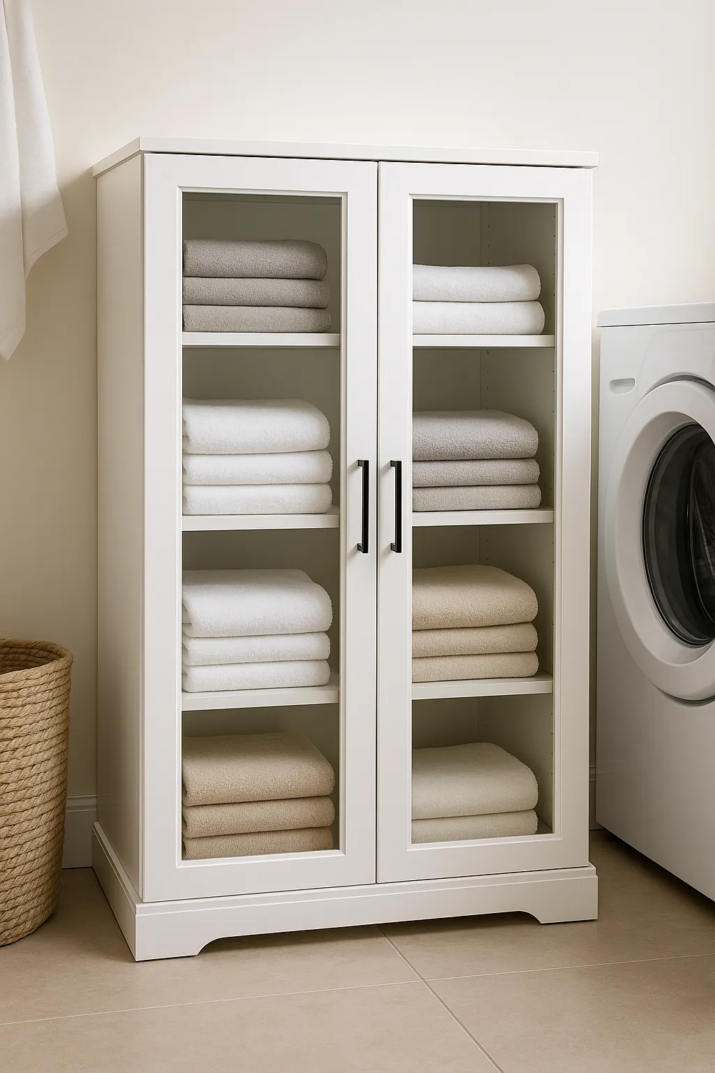 Tilt-Out Laundry Hamper Cabinet in a bathroom setting