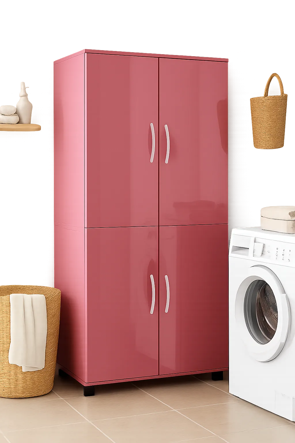 Glossy pink metal storage cabinet with adjustable shelves
