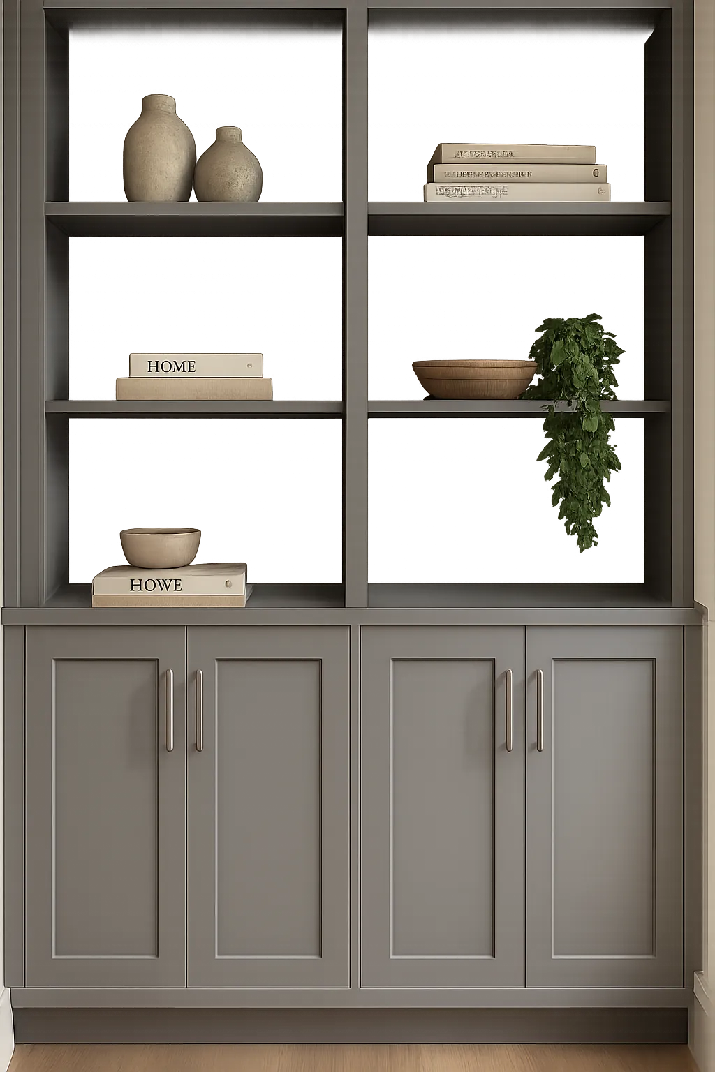 Tall freestanding kitchen cabinet with gray doors and shelving