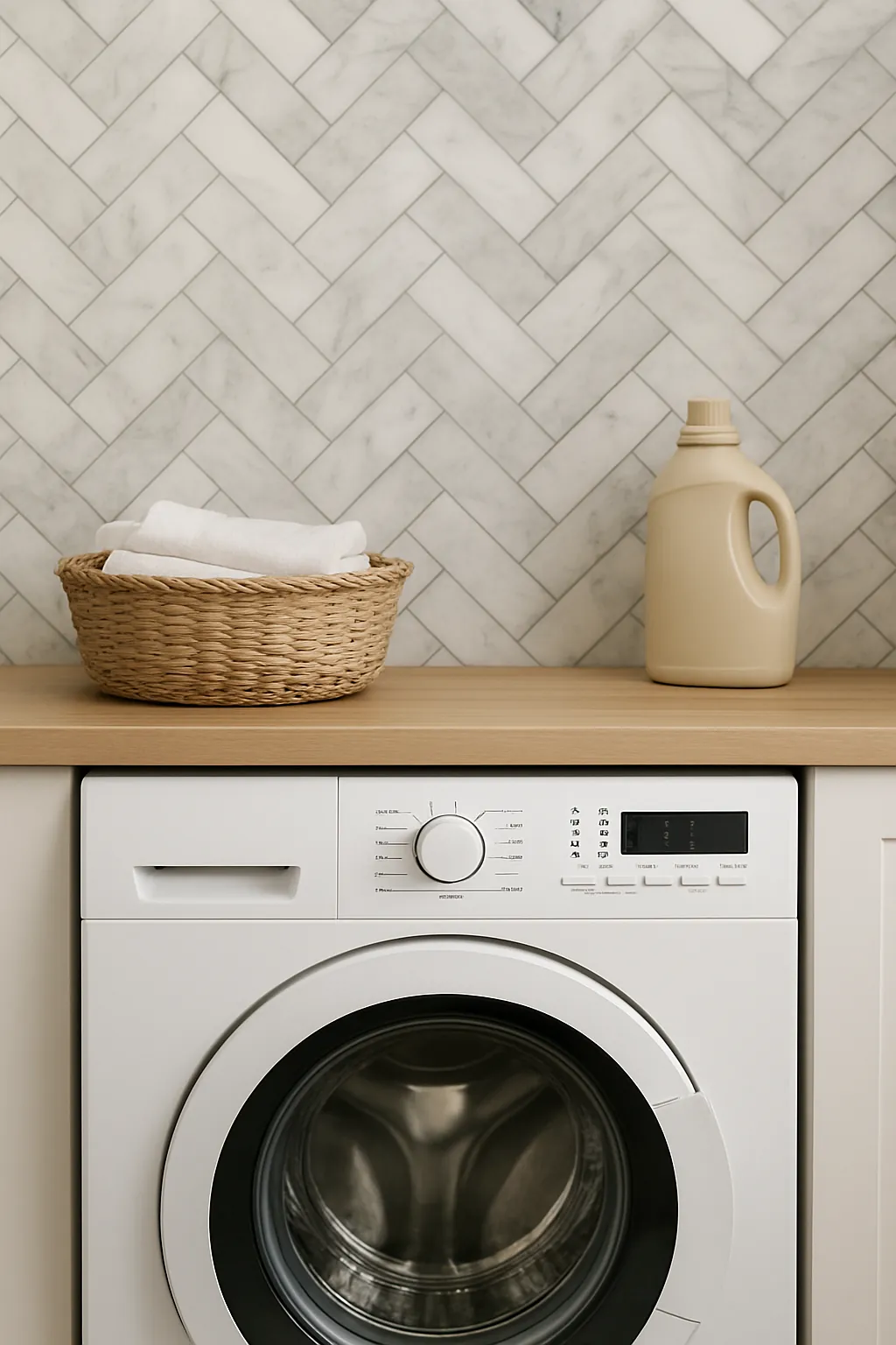 Herringbone pattern peel and stick marble tile backsplash