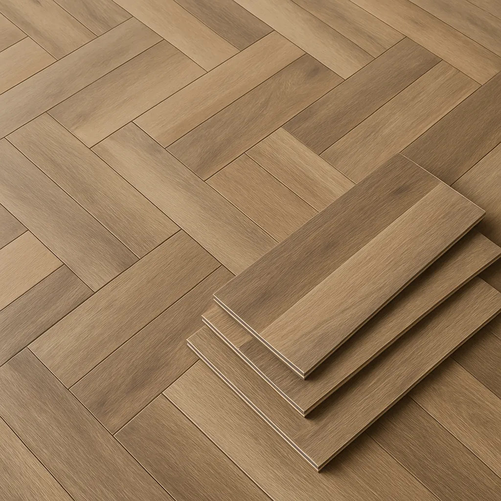 Herringbone pattern peel and stick vinyl floor planks in a modern room setting