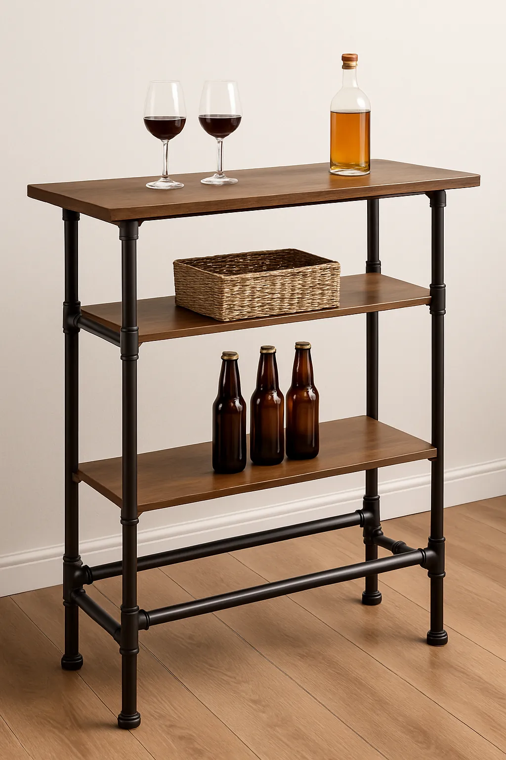Industrial farmhouse bar table with storage shelves and pipe details