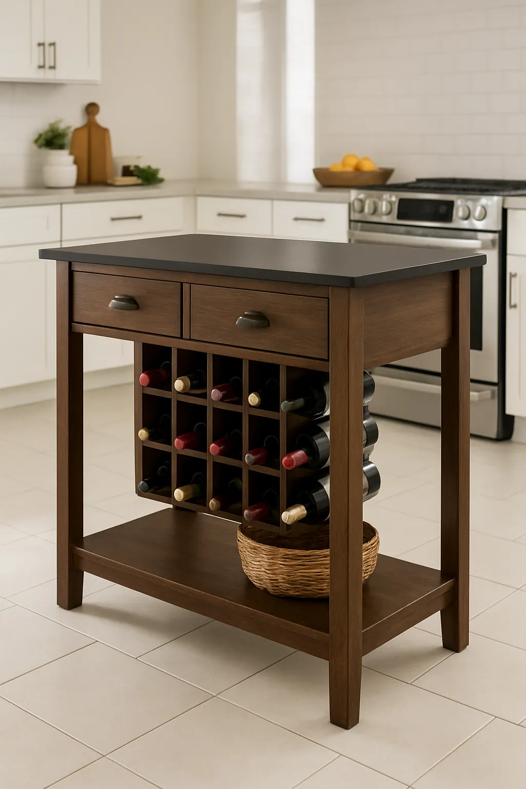 Rolling kitchen island cart with drop leaf and wine rack