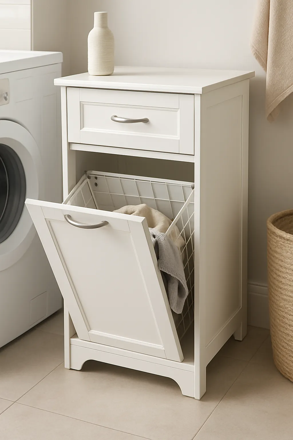 Tilt-Out Laundry Cabinet with Pull-Out Hamper in a modern bathroom setting