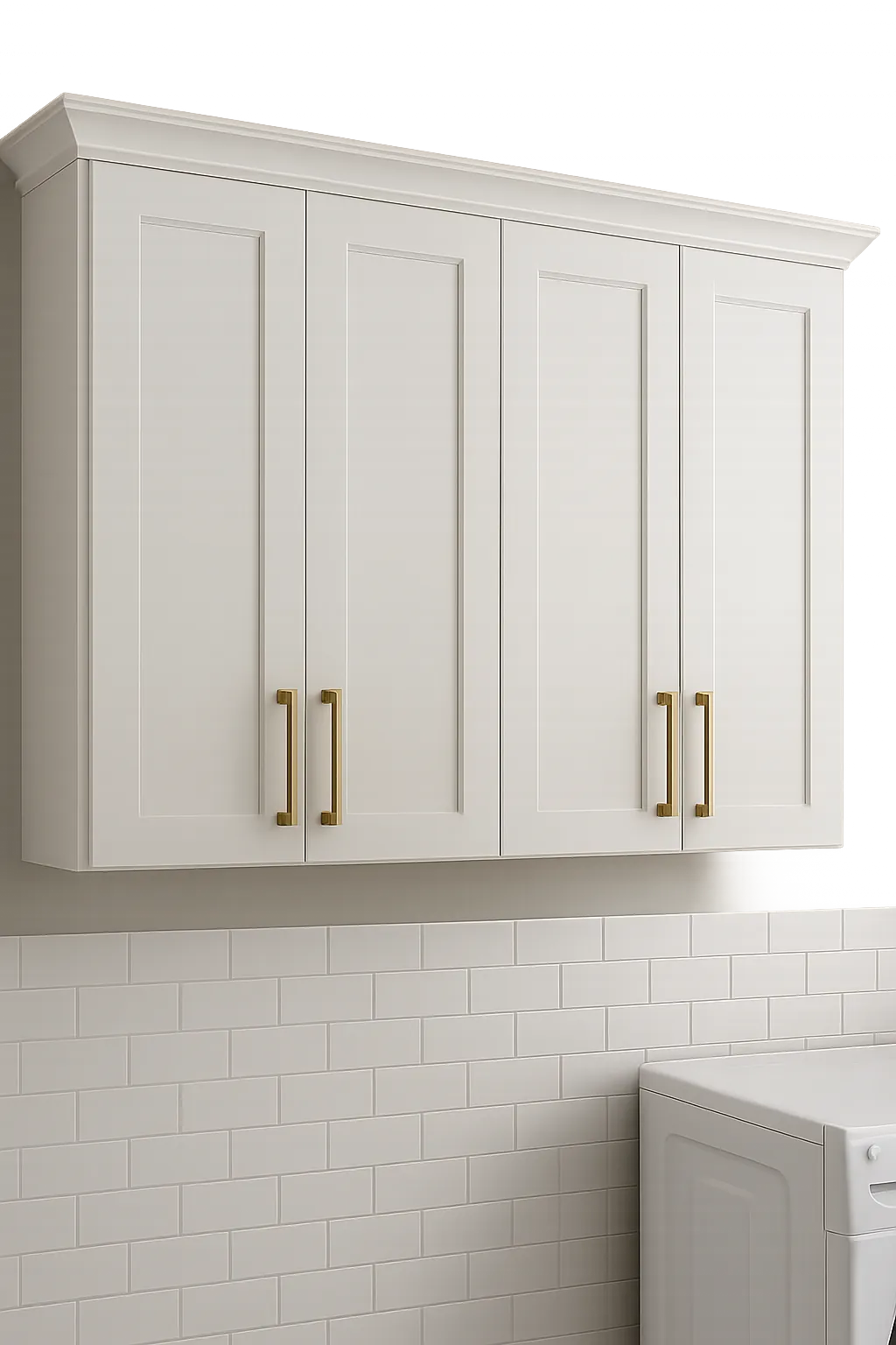 White laundry cabinet with gold handles and adjustable shelves
