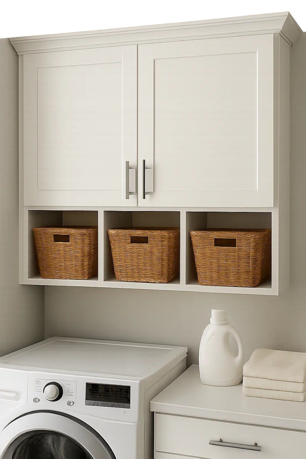 White tilt-out laundry cabinet with basket cubbies in a home laundry room.