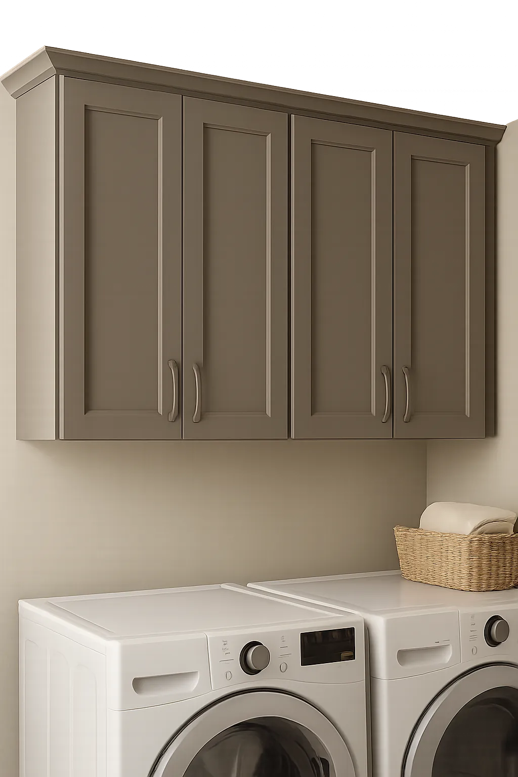 White wall-mounted storage cabinets above a laundry sink