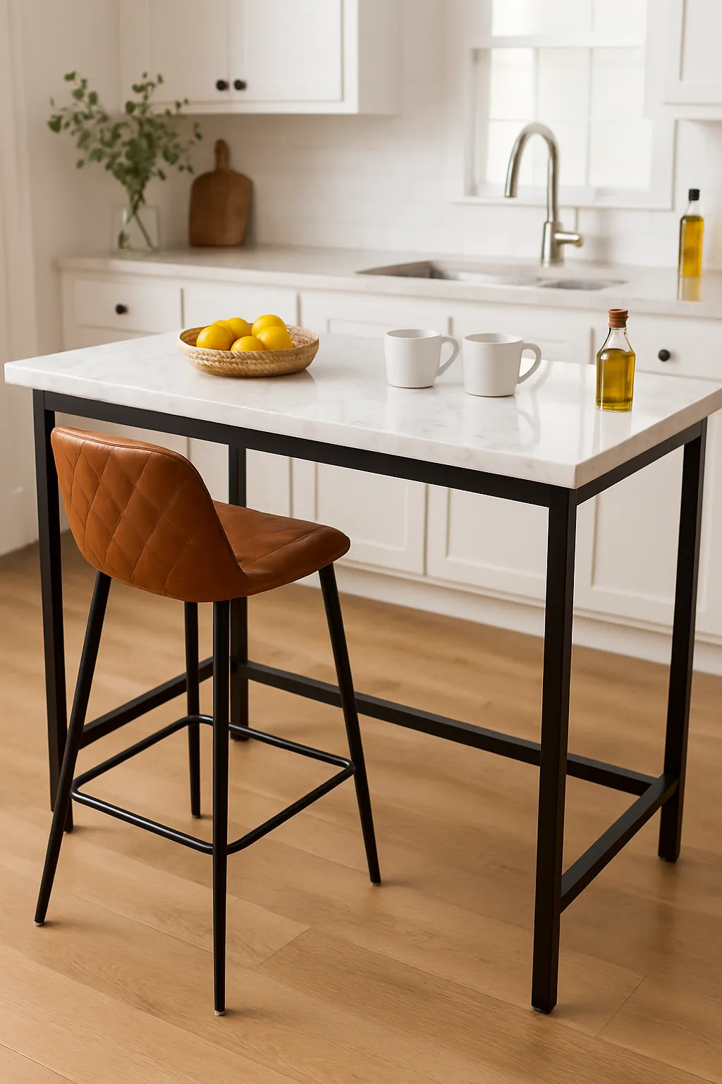 Industrial kitchen island bar table with marble top and shelves