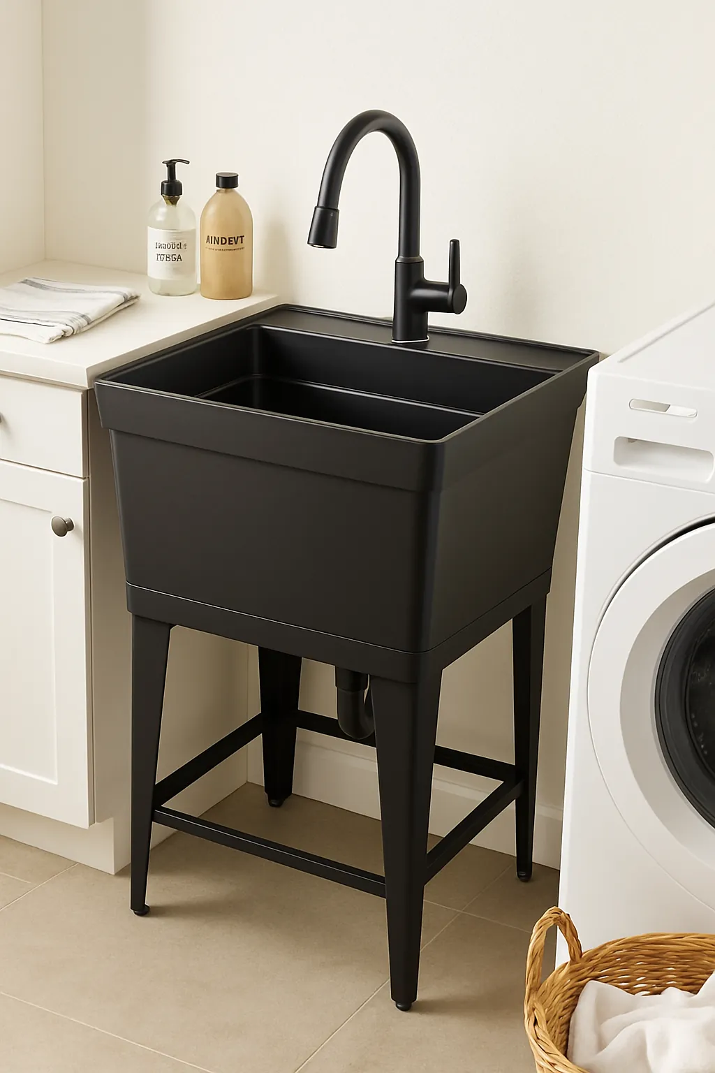 Modern deep undermount laundry sink with matte black finish