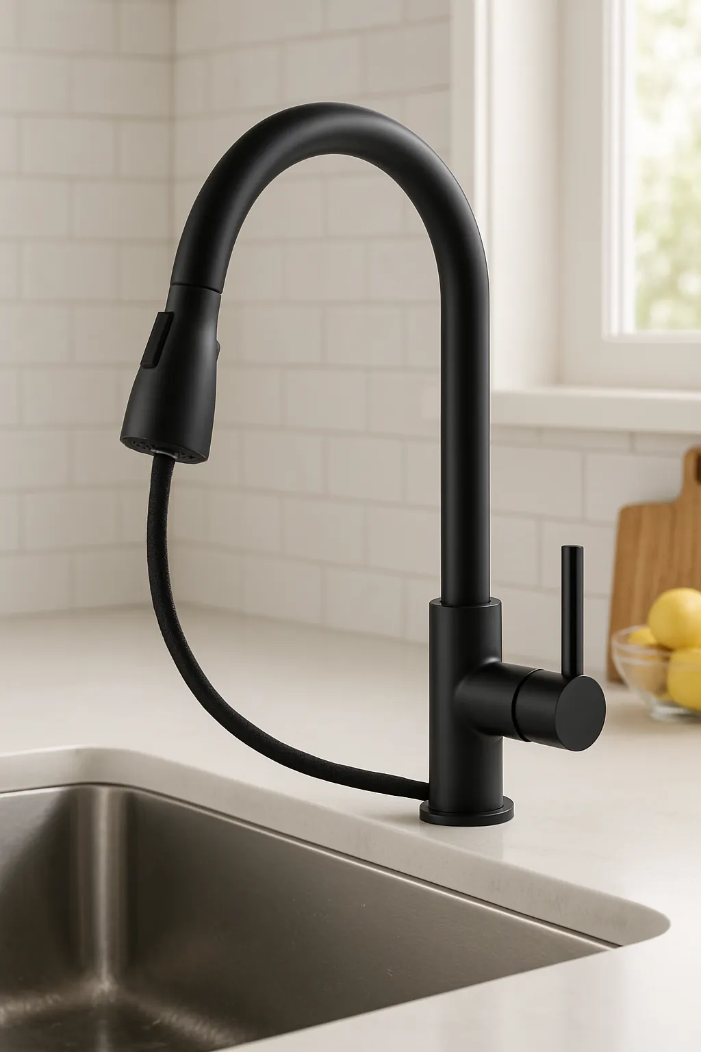 matte black pull down kitchen faucet installed in modern kitchen