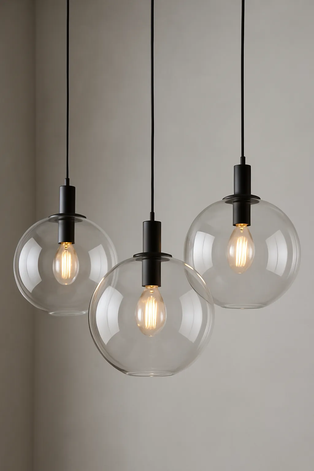 Modern glass globe pendant lights set of two hanging above a kitchen island
