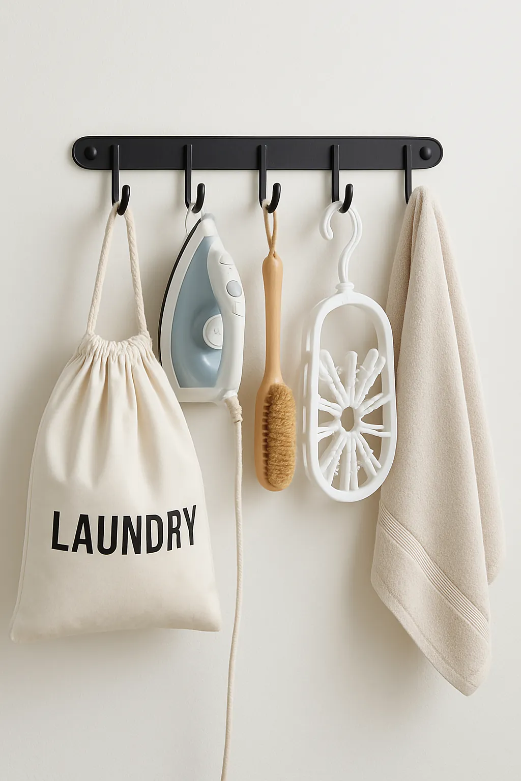 A sturdy wall-mounted organizer with multiple hooks for cleaning tools