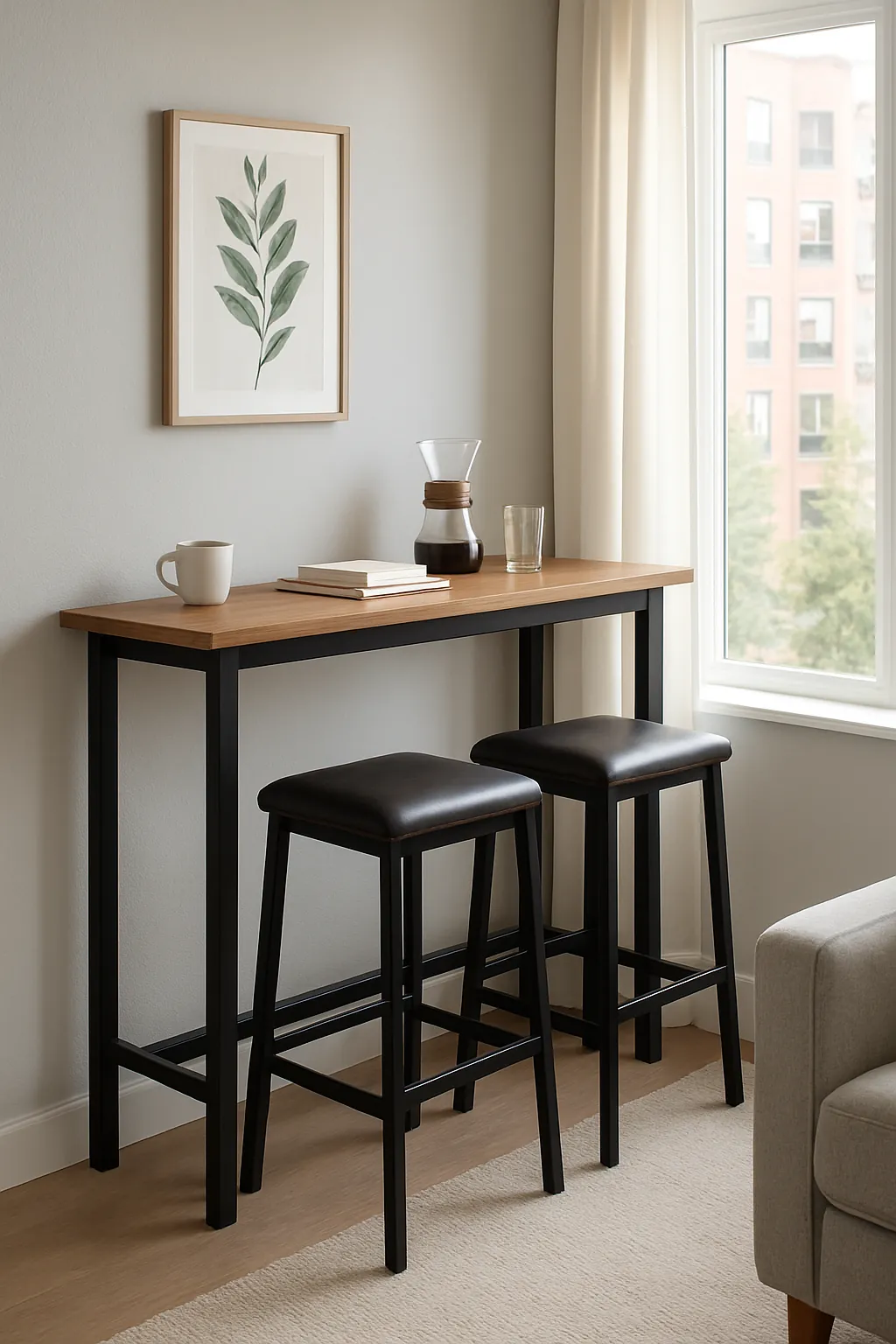 Slim console table with storage shelf in hallway setting
