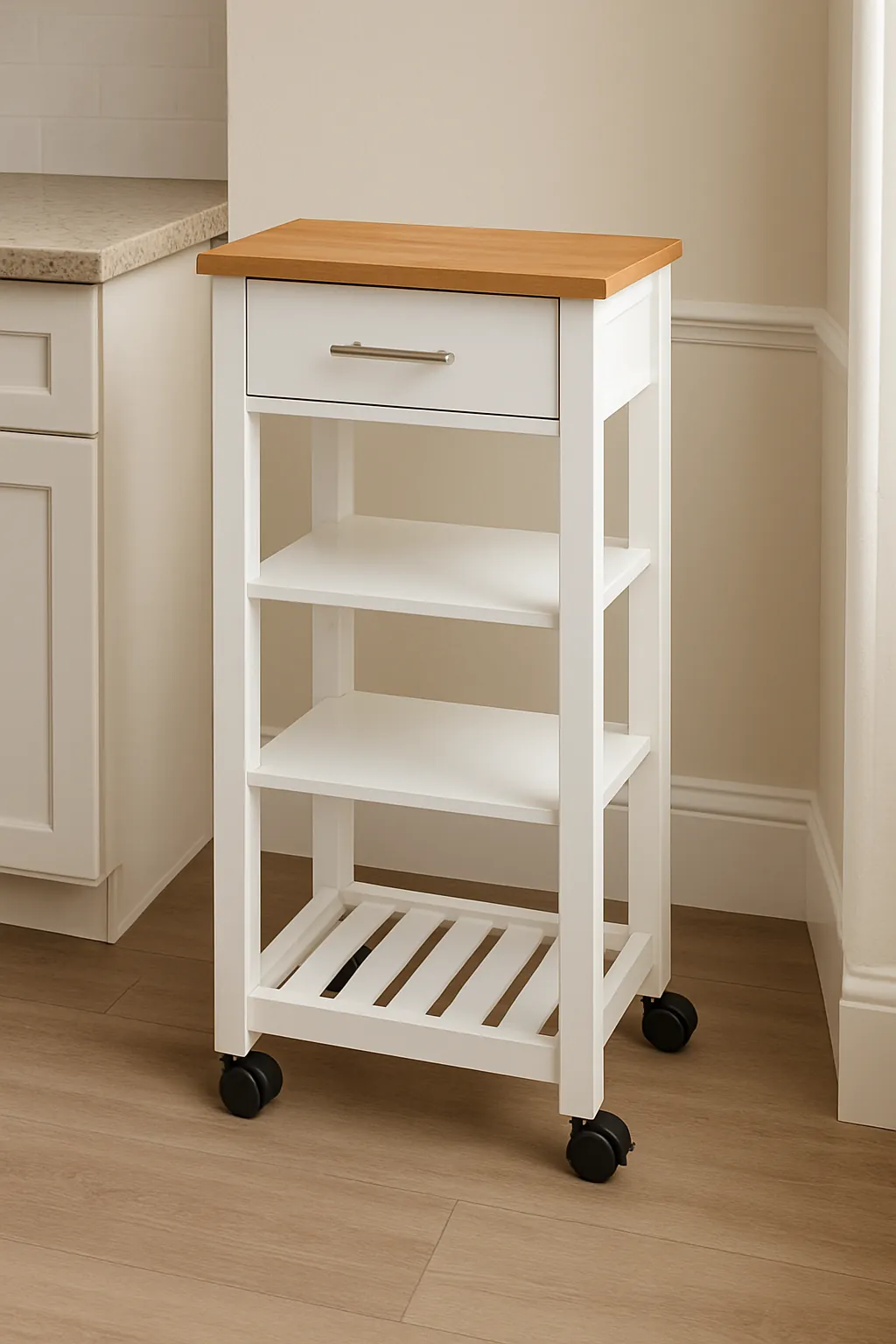 Rolling kitchen storage cart with shelves and wheels for flexible organization