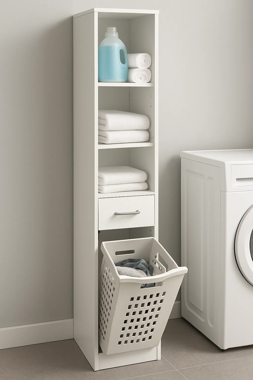 Tall bathroom storage cabinet with doors and shelves