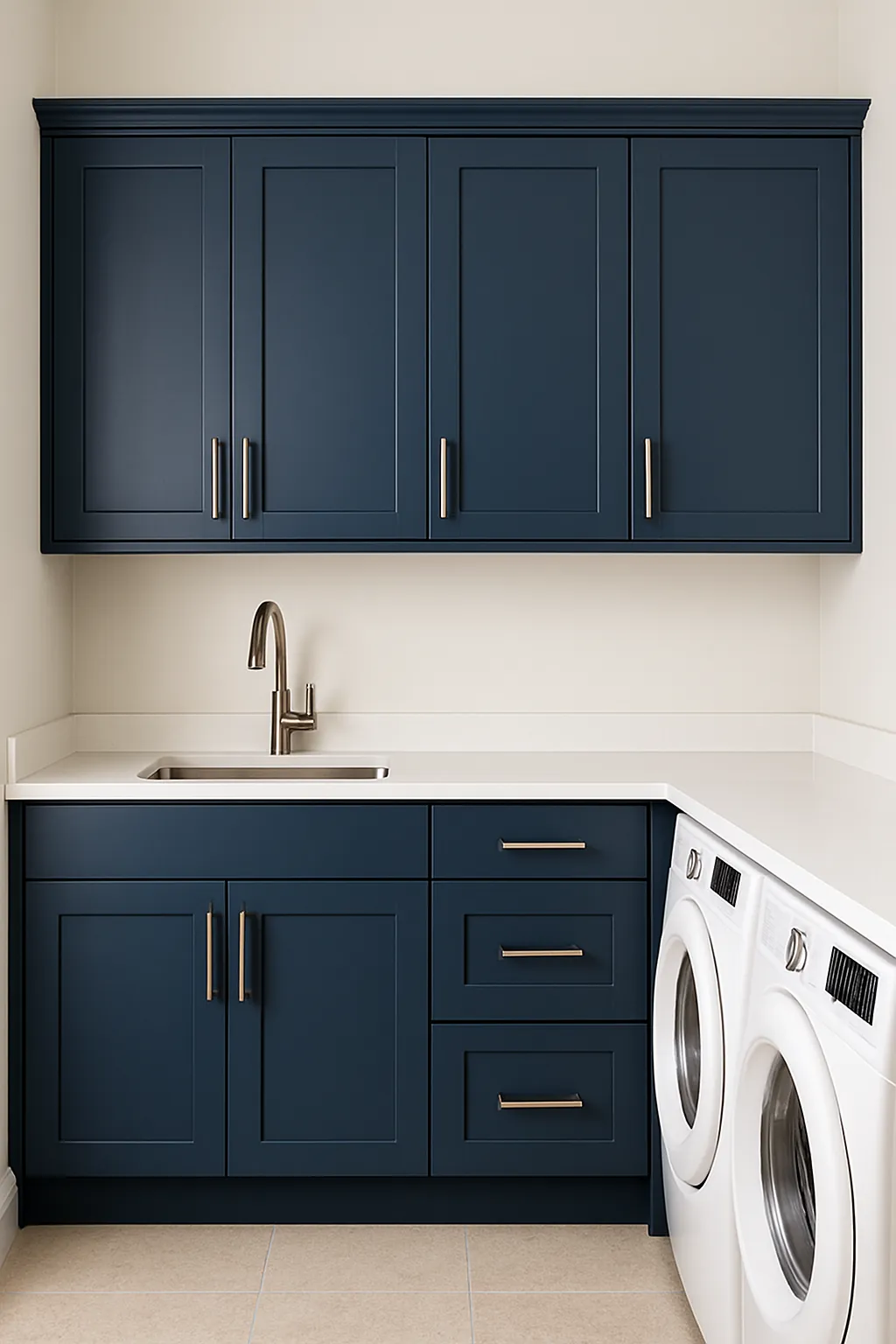 Navy blue bathroom medicine cabinet with shaker style doors and shelves.
