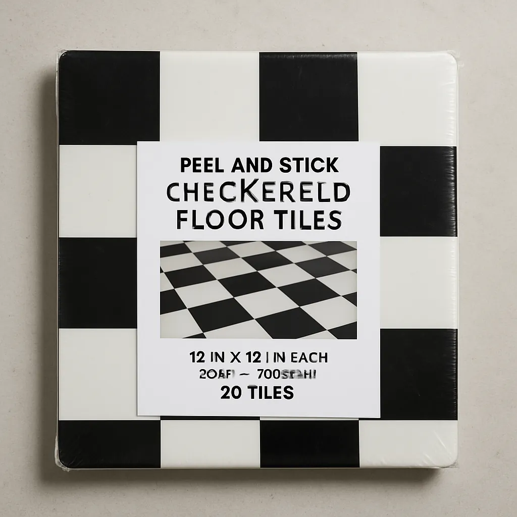 Classic self-adhesive black and white checkered vinyl floor tiles installed in a bright room