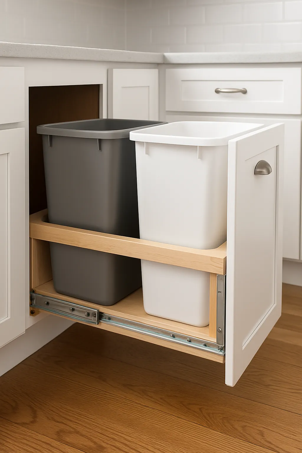 Pull-Out Double Trash Can Cabinet in white for kitchen or laundry rooms