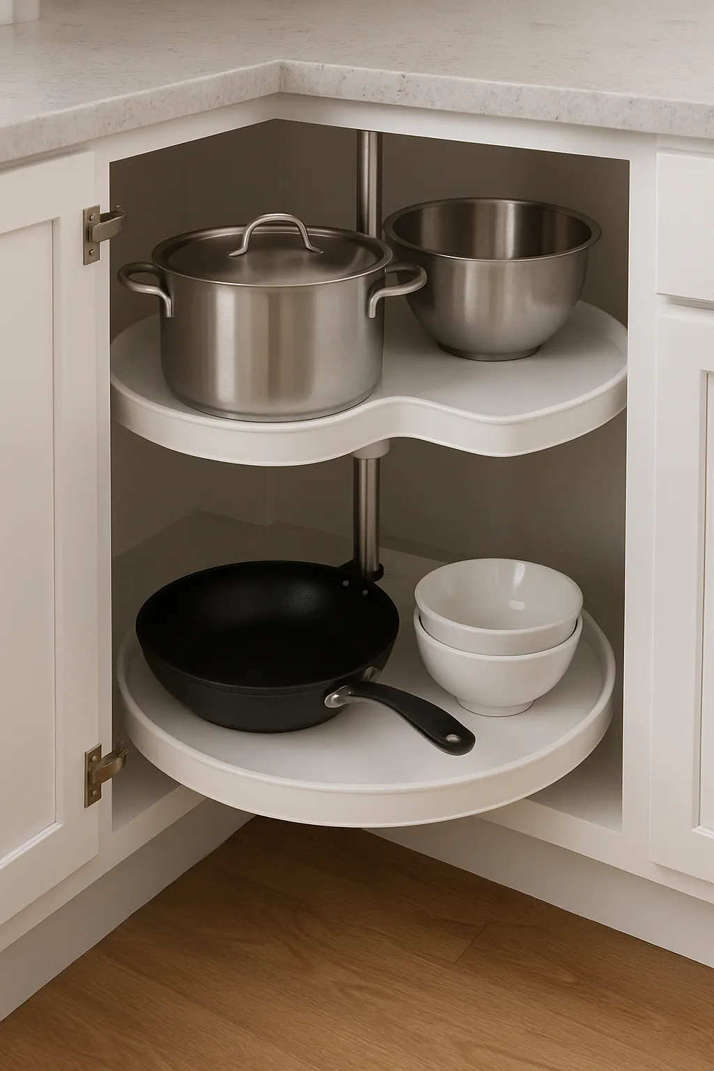 Kidney-shaped two-tier rotating lazy susan installed in a kitchen cabinet