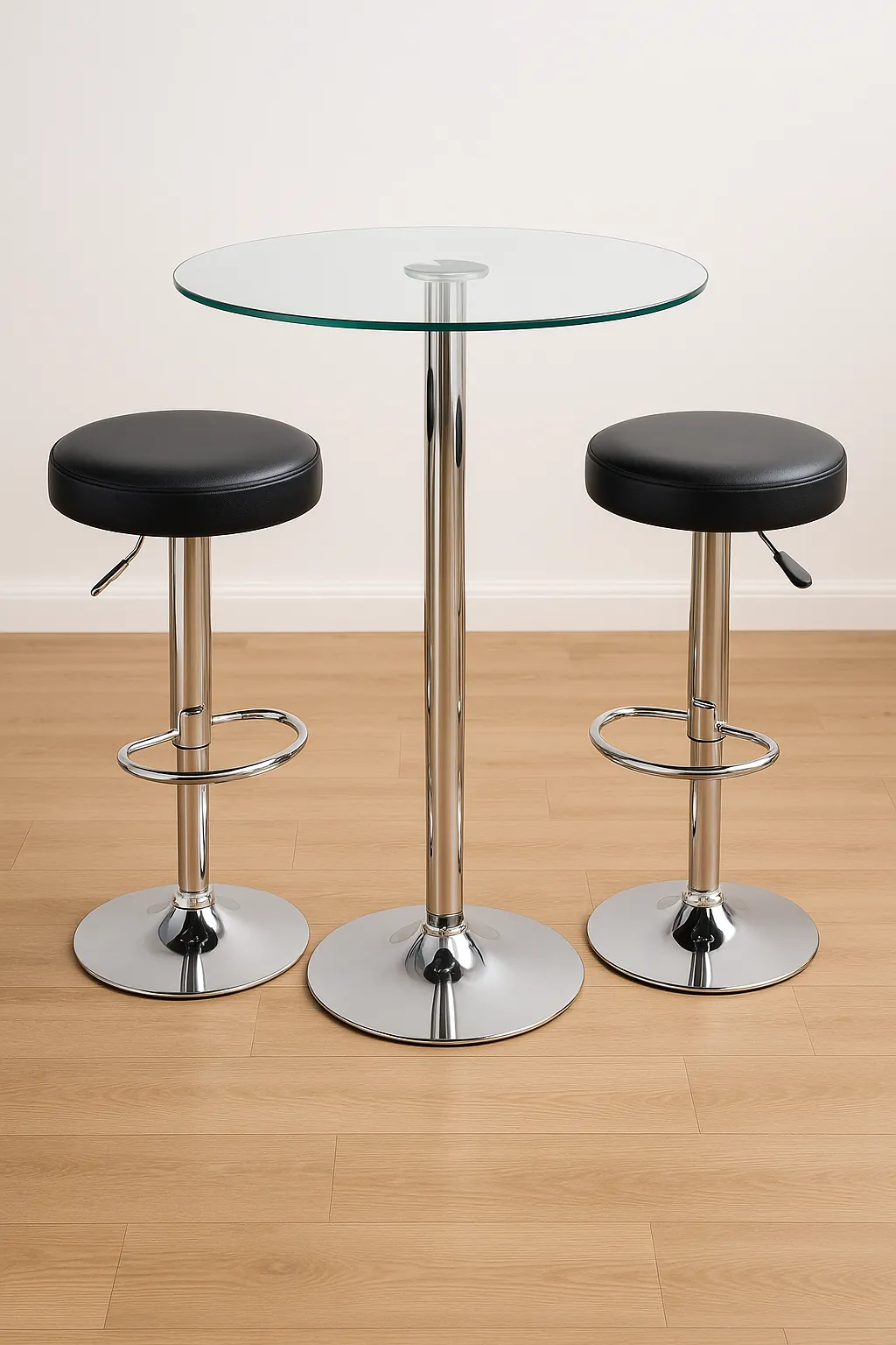 Modern round glass bar table with two upholstered stools in a dining room setting