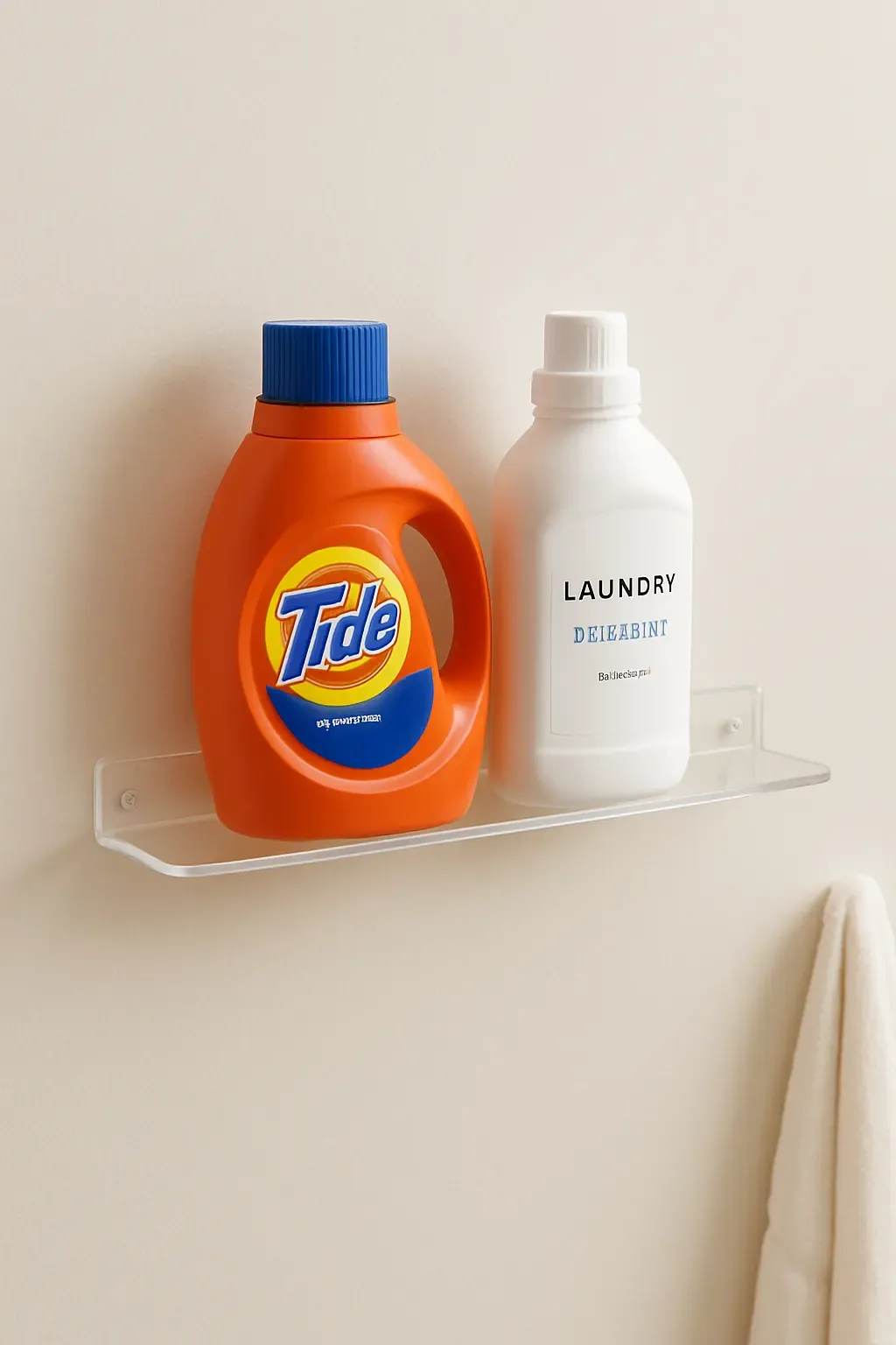 Acrylic floating wall shelf mounted in laundry room with detergent bottles.