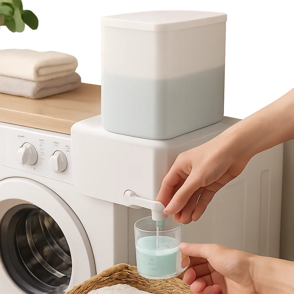 Space-Saving Laundry Detergent Dispenser mounted on a detergent bottle