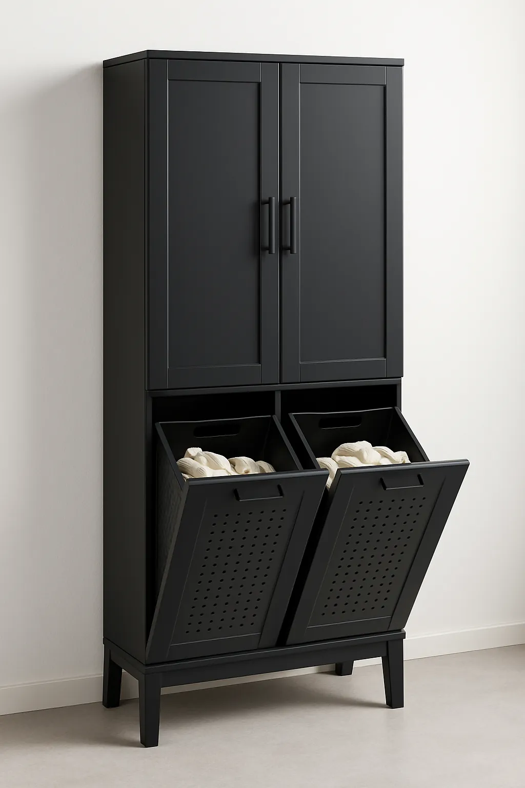 Tall black laundry storage cabinet with adjustable shelves