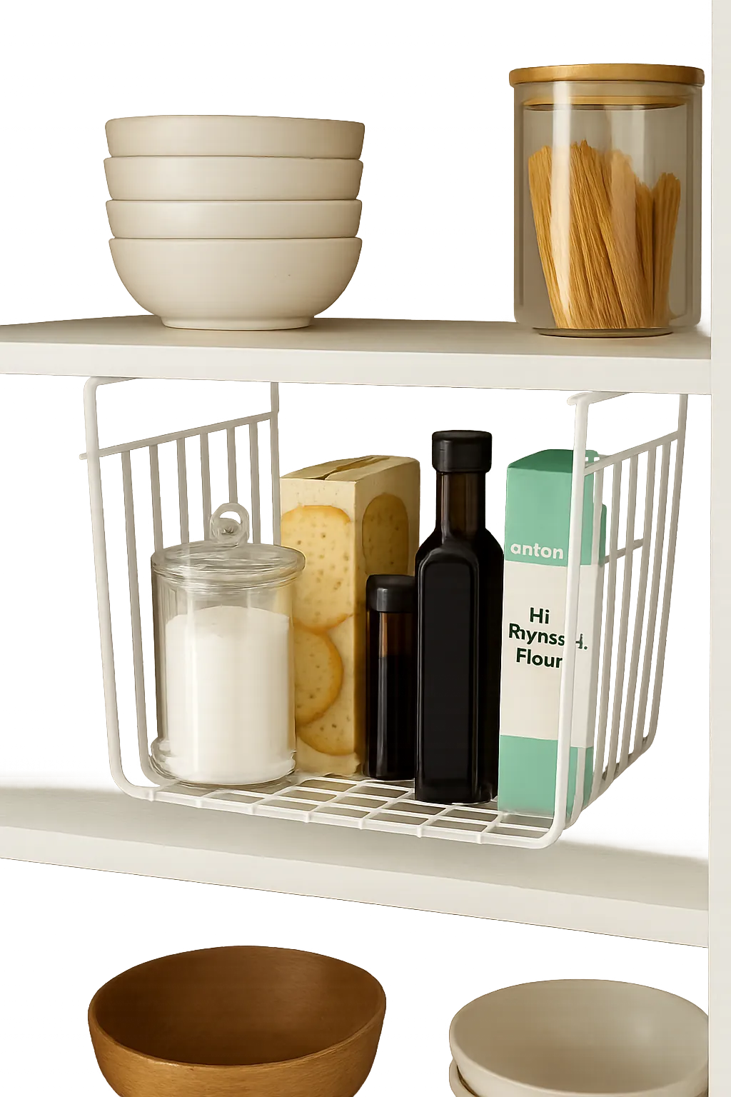 Under Shelf Wire Basket Organizer in use inside a kitchen cabinet.