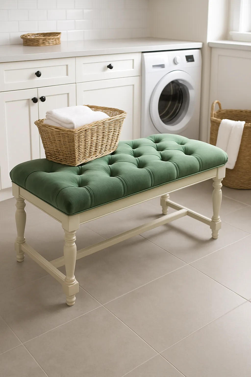 Royal blue velvet tufted ottoman bench in a modern room