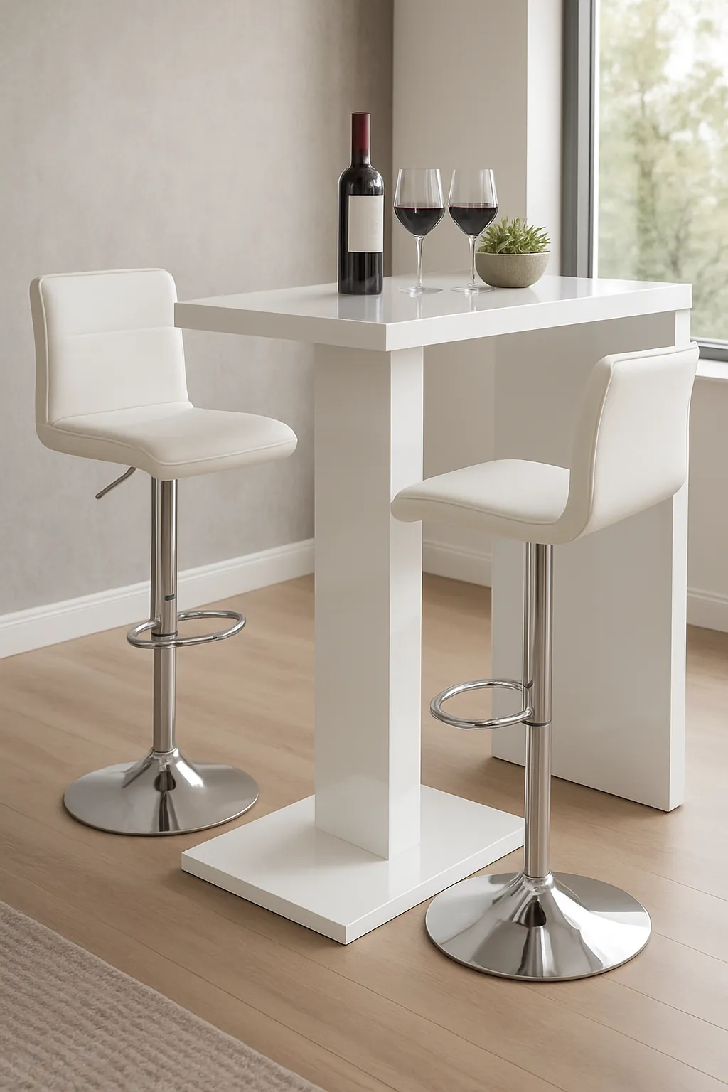 White high gloss counter bar table with chairs set for kitchen